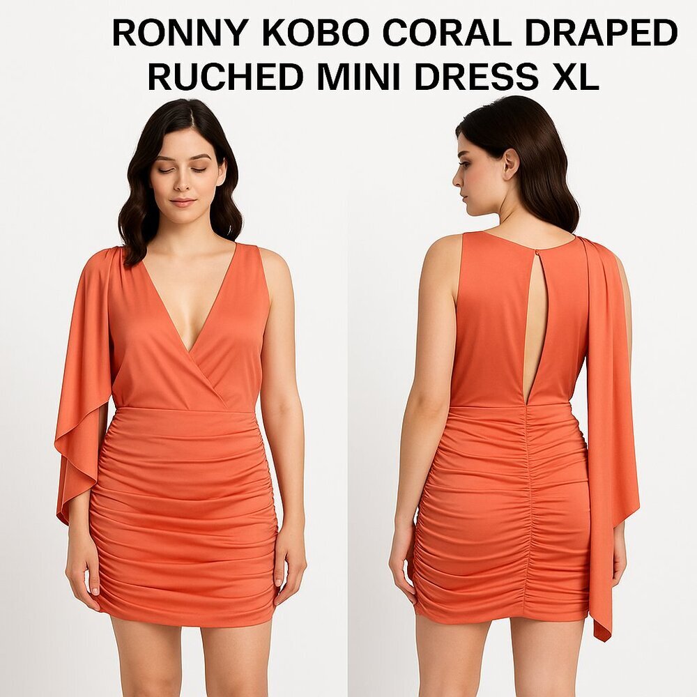 Ronny Kobo Coral Draped Ruched Mini Dress XL